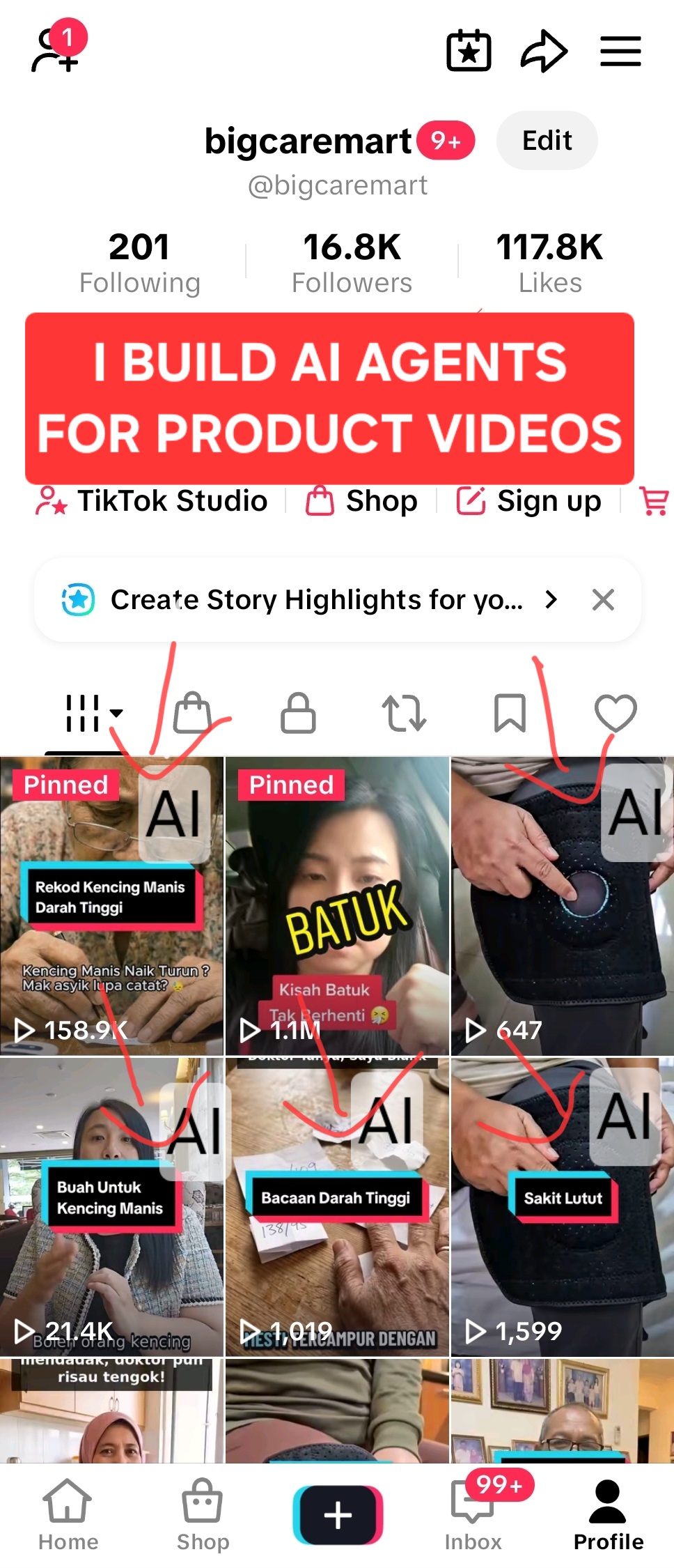 @bigcaremart TikTok Shop profile showing AI-generated product videos